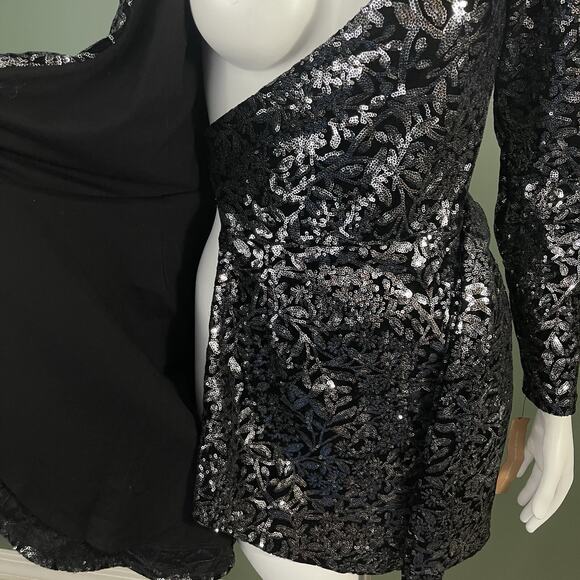 Reformation Long Sleeve Sequins Wrap Cocktail Party Mini Dress XS Black - Picture 9 of 15